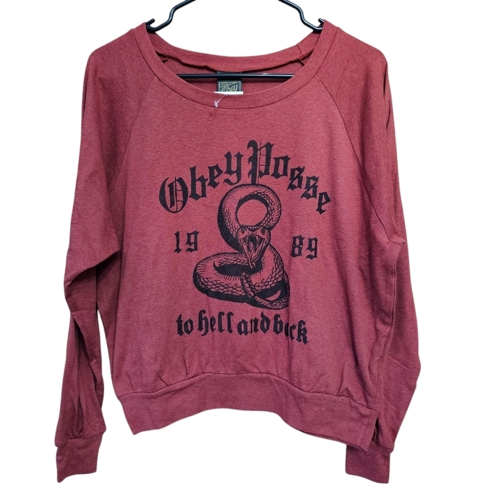 Obey Women's Red Crewneck Long Sleeve Graphic Shirt Size Small Nwt